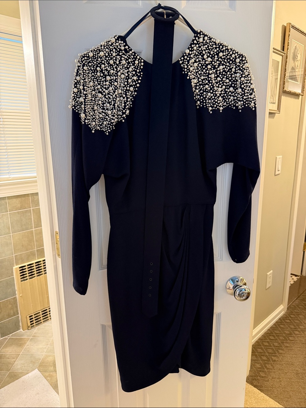 Deep navy vintage  Pearl-Embellished Women's Dress